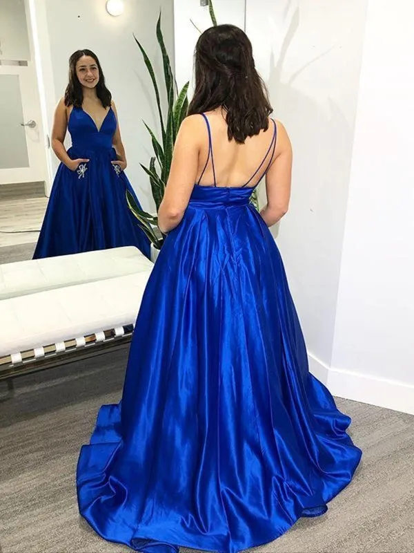 V Neck Royal Blue Satin Long Prom with Pocket, Royal Blue Formal Evening