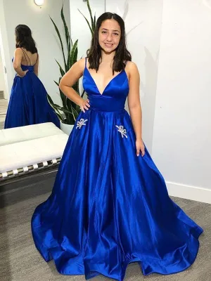 V Neck Royal Blue Satin Long Prom with Pocket, Royal Blue Formal Evening