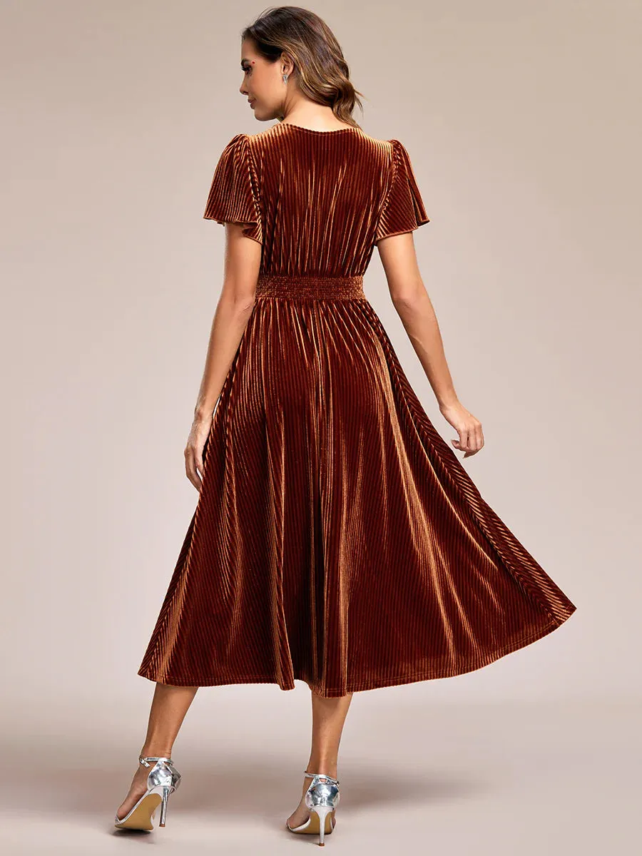V-Neck Tea Length Velvet Wedding Guest Bridesmaid Dress