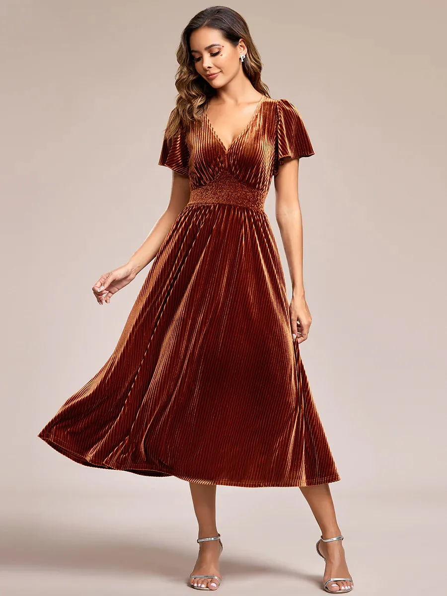V-Neck Tea Length Velvet Wedding Guest Bridesmaid Dress