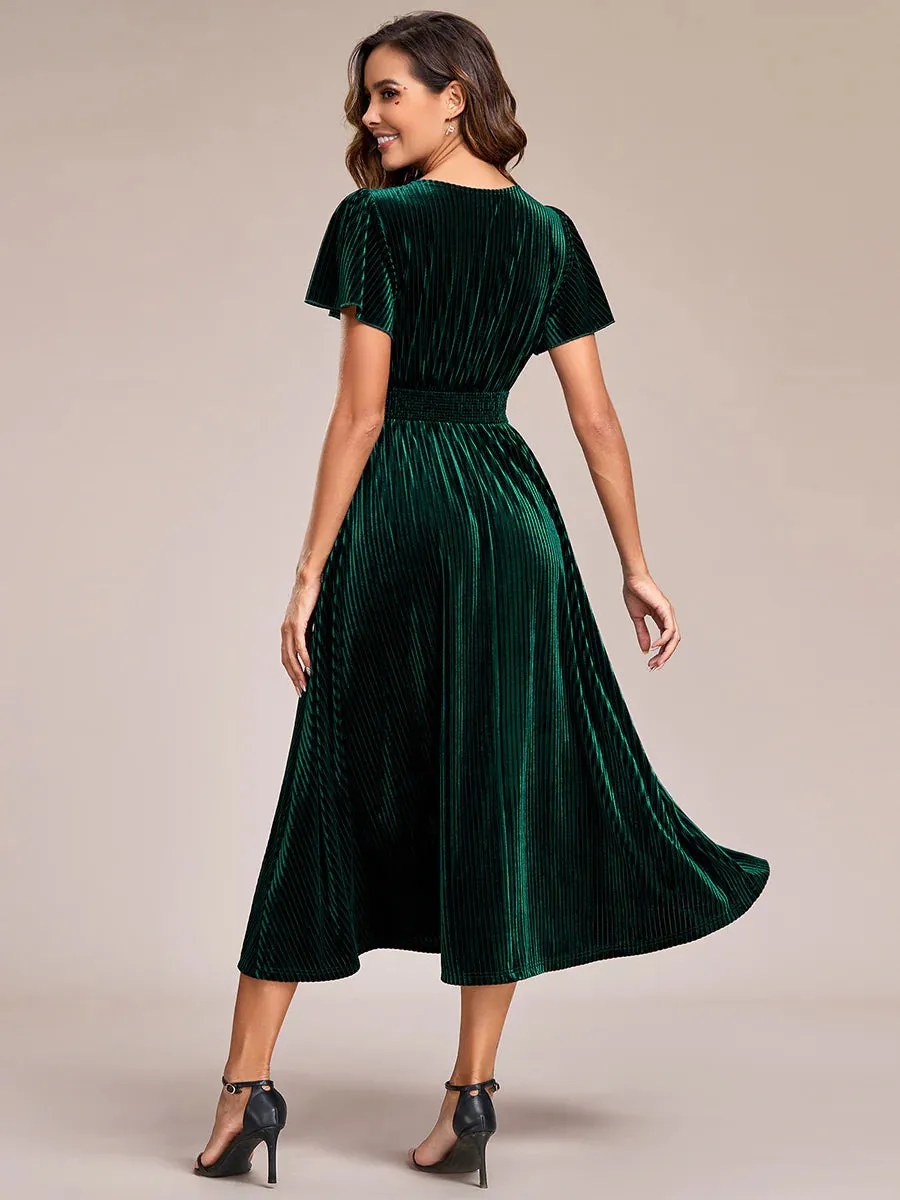 V-Neck Tea Length Velvet Wedding Guest Bridesmaid Dress