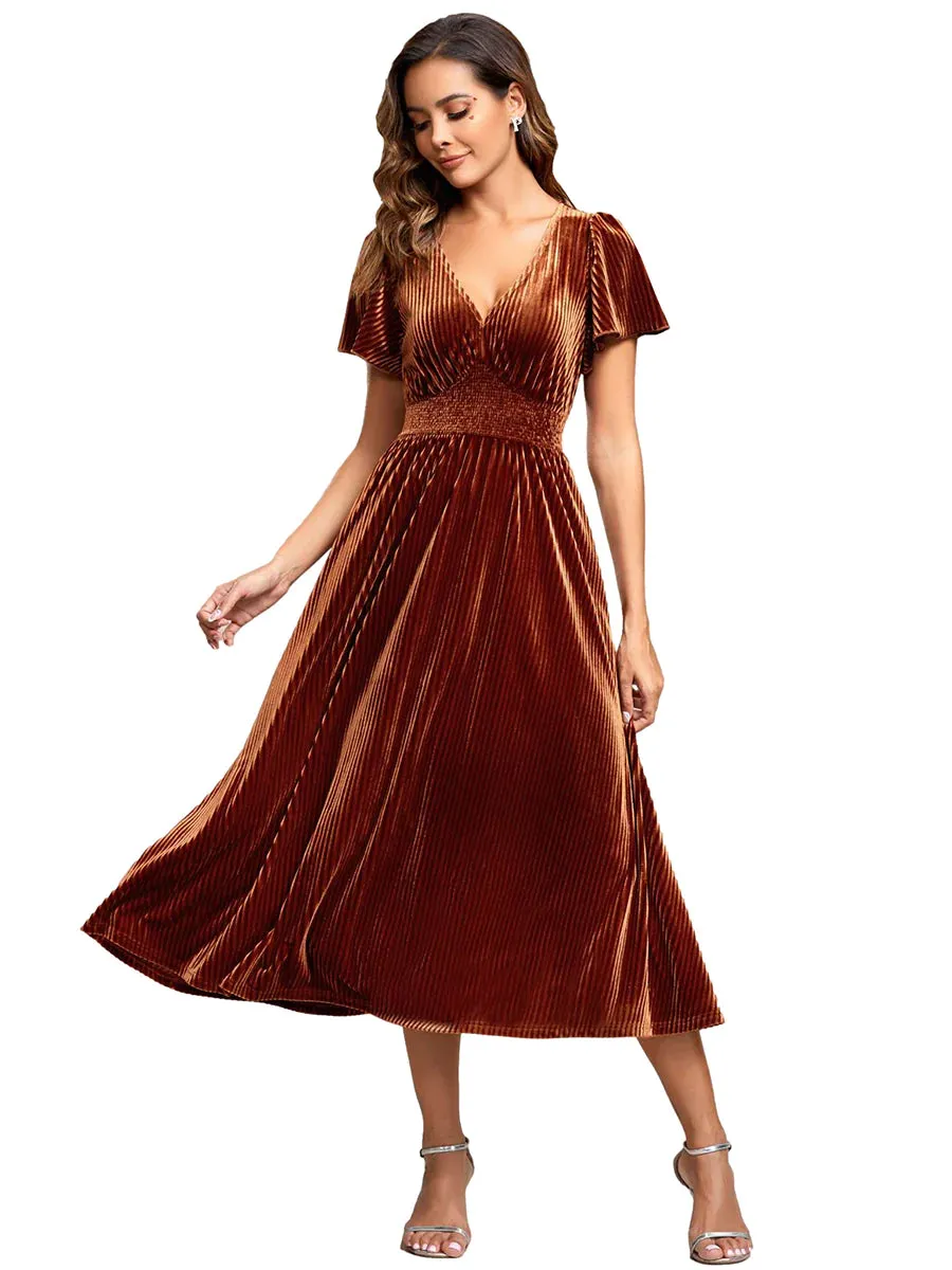 V-Neck Tea Length Velvet Wedding Guest Bridesmaid Dress