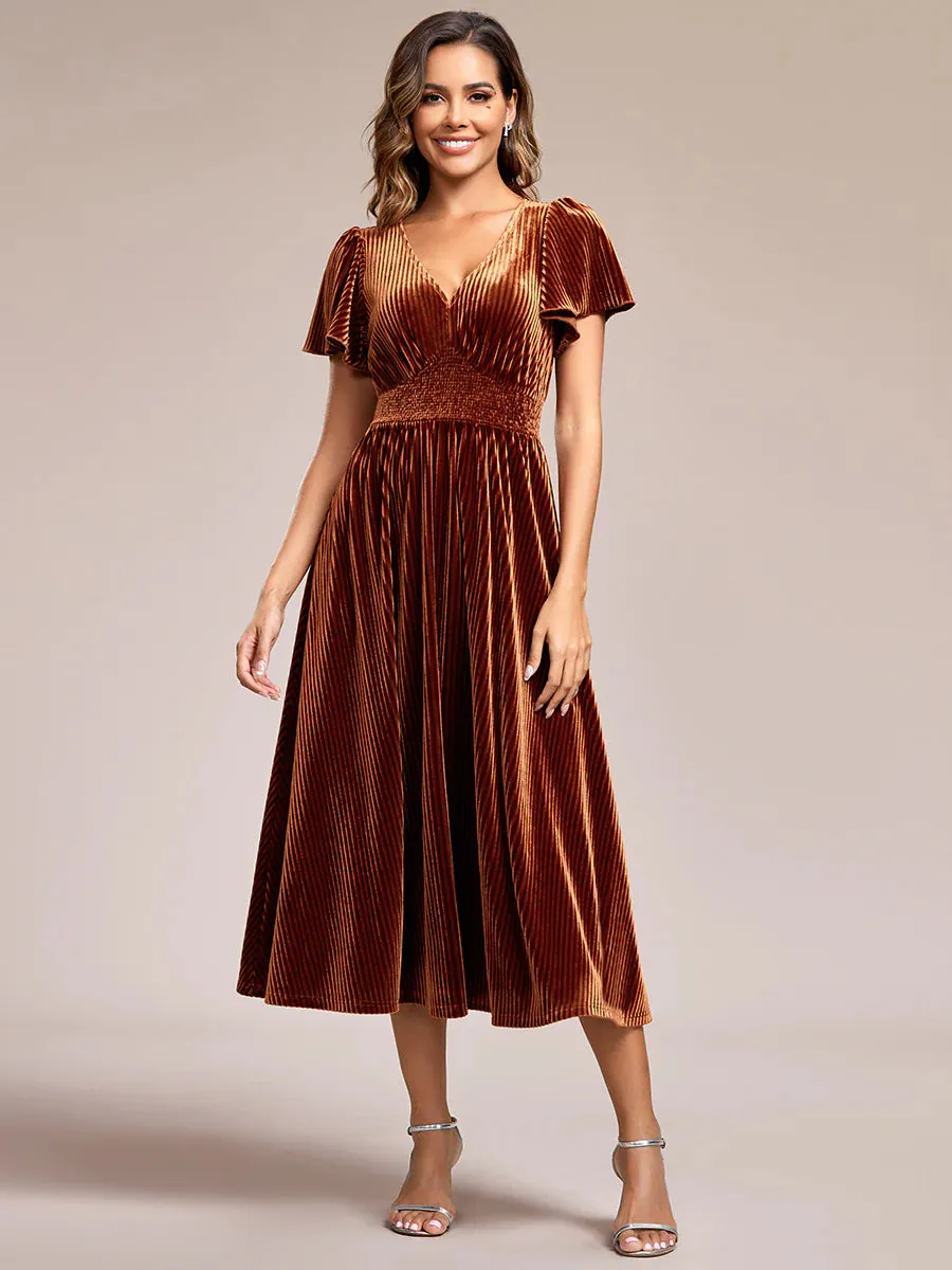 V-Neck Tea Length Velvet Wedding Guest Bridesmaid Dress