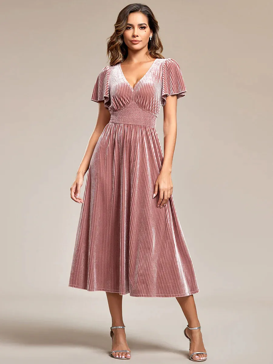 V-Neck Tea Length Velvet Wedding Guest Bridesmaid Dress