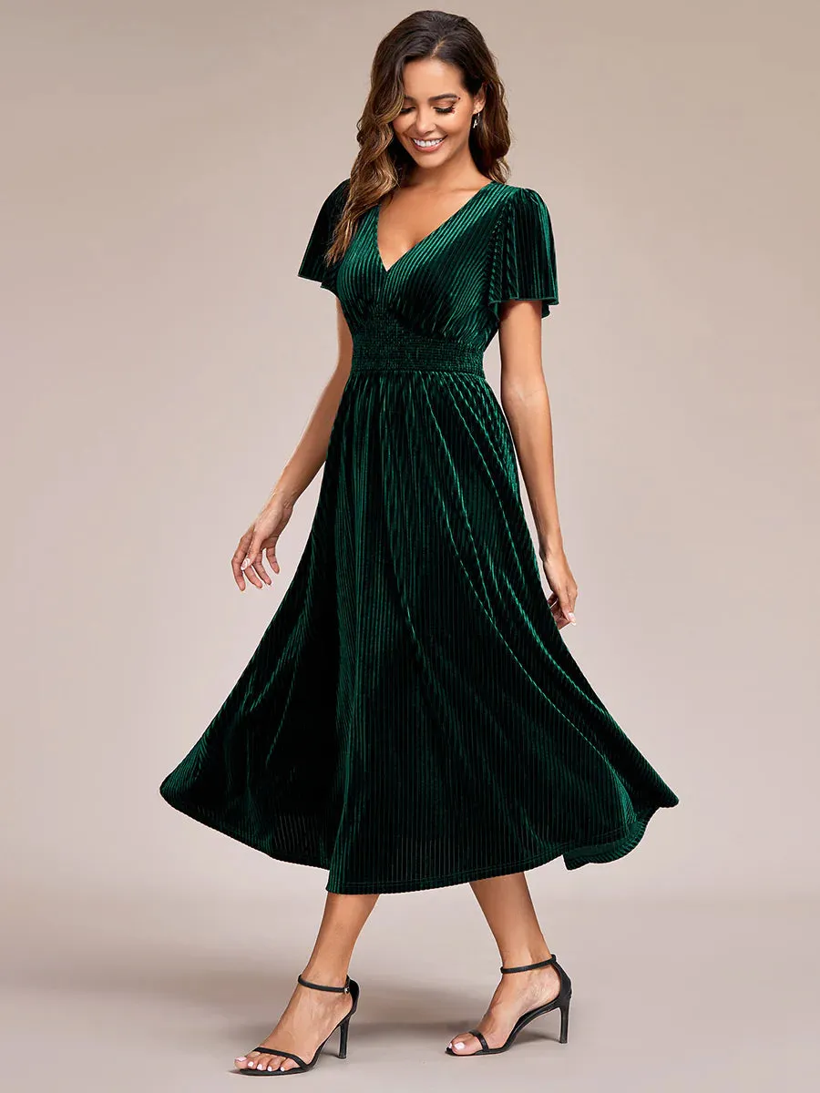 V-Neck Tea Length Velvet Wedding Guest Bridesmaid Dress