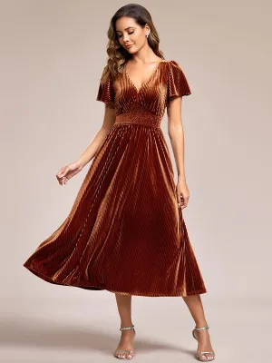 V-Neck Tea Length Velvet Wedding Guest Bridesmaid Dress
