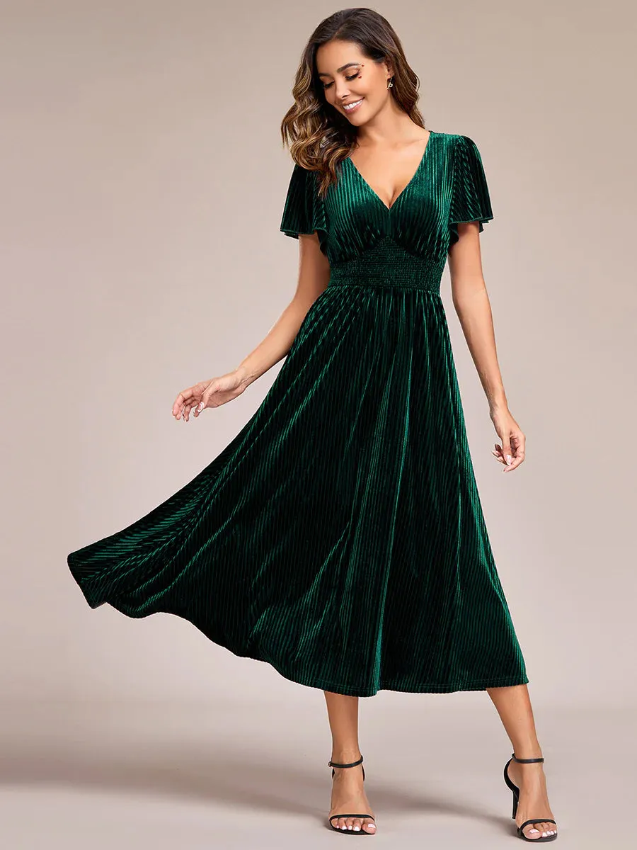 V-Neck Tea Length Velvet Wedding Guest Bridesmaid Dress