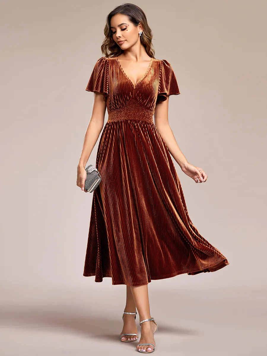 V-Neck Tea Length Velvet Wedding Guest Bridesmaid Dress