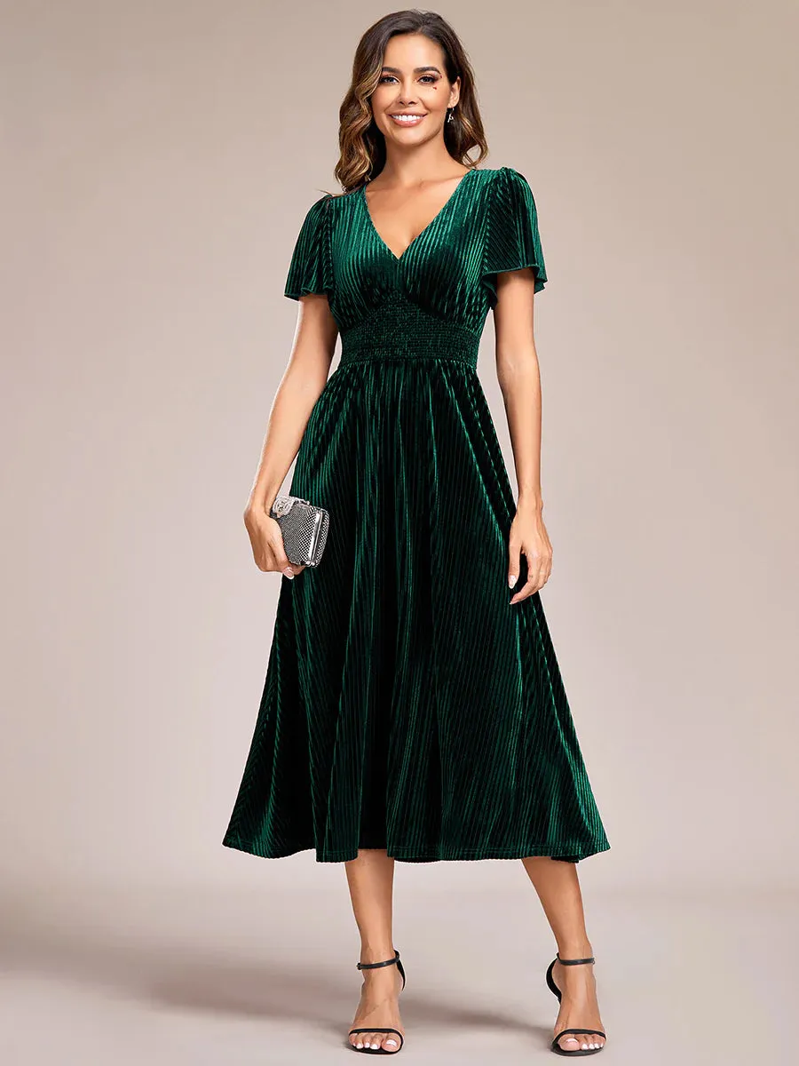 V-Neck Tea Length Velvet Wedding Guest Bridesmaid Dress