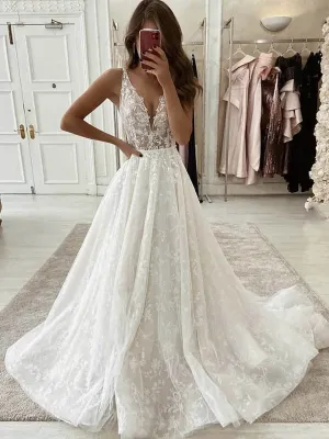 V Neck White Lace Long Wedding, Long White Lace Prom, White Formal Evening