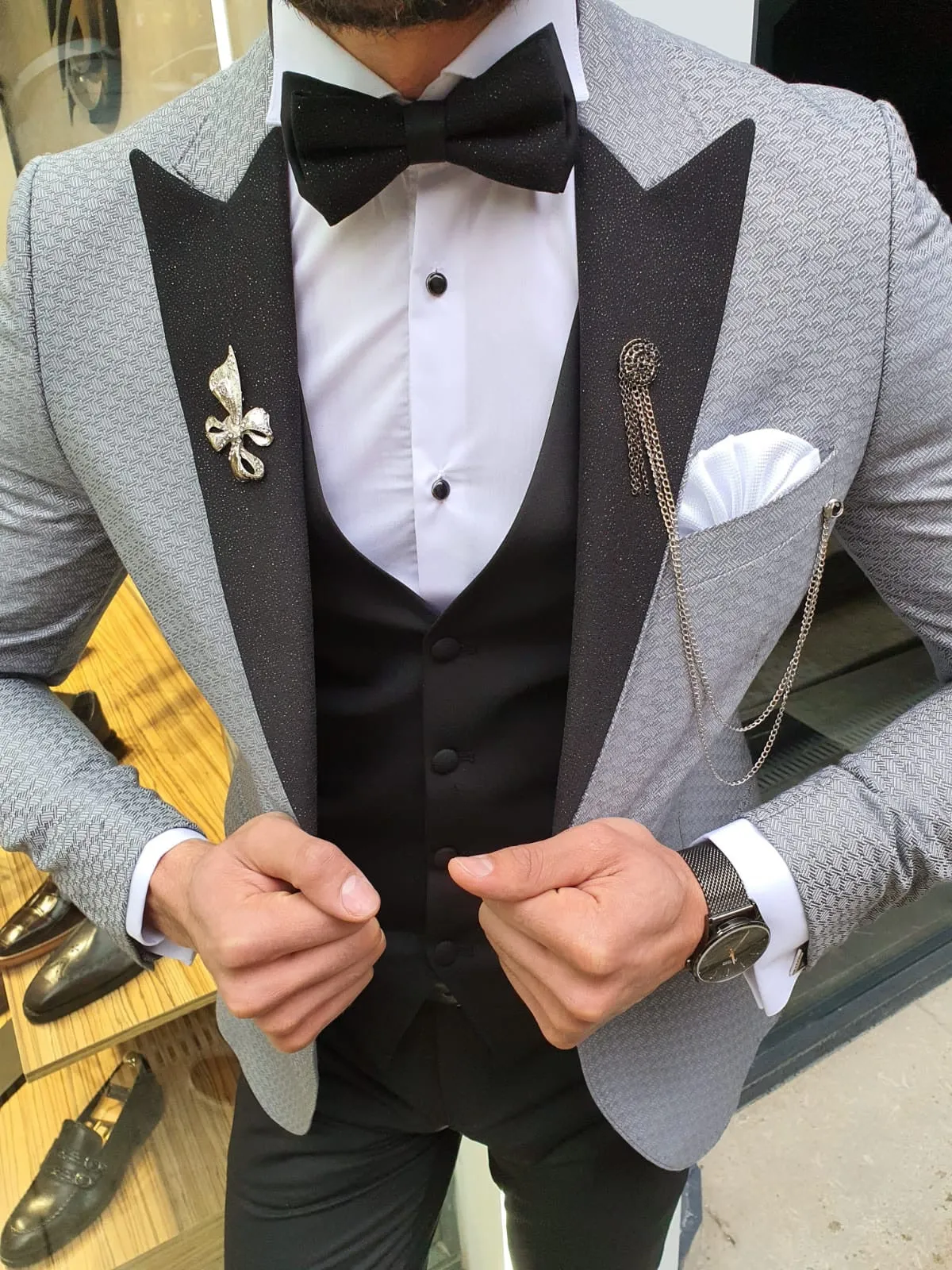 VillaNova Gray Slim Fit Patterned Tuxedo