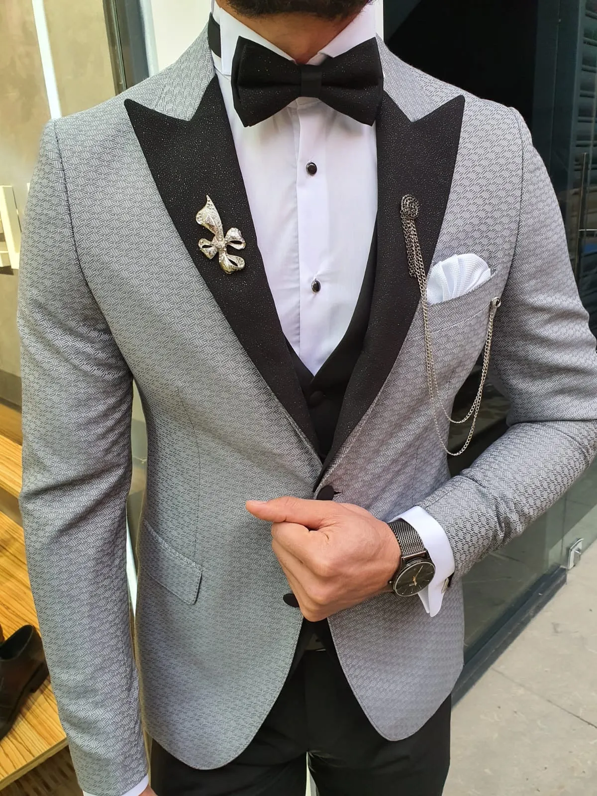 VillaNova Gray Slim Fit Patterned Tuxedo