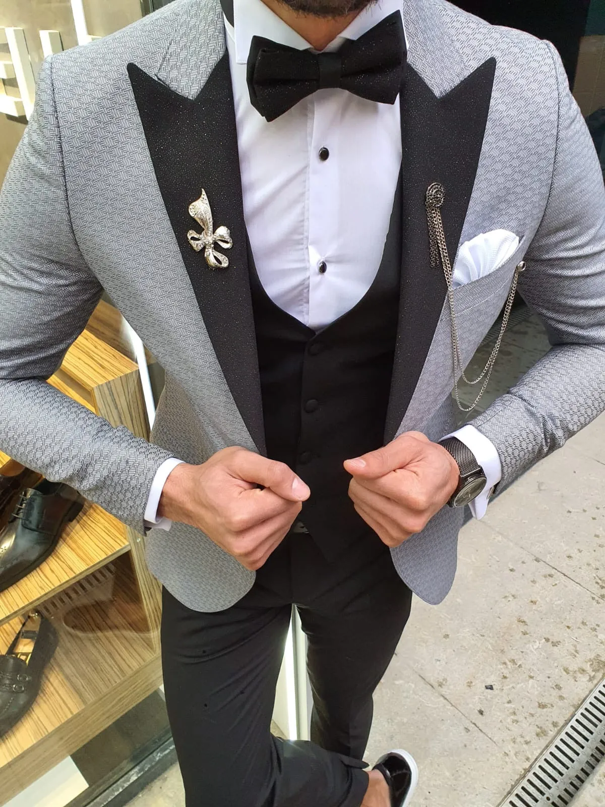 VillaNova Gray Slim Fit Patterned Tuxedo