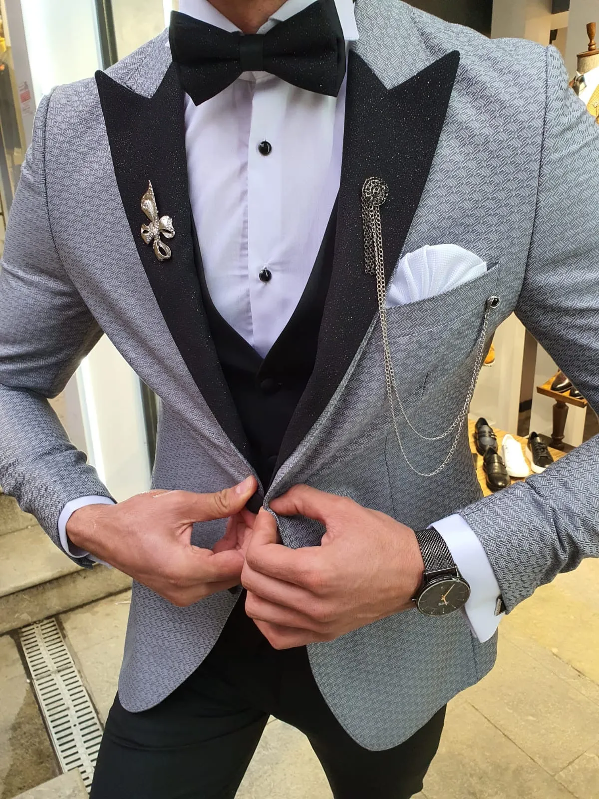 VillaNova Gray Slim Fit Patterned Tuxedo