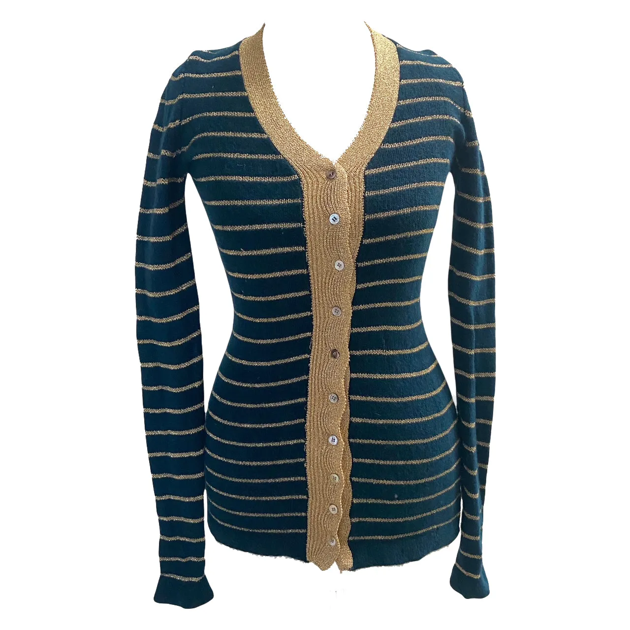 Vintage Biba Dark Green and Gold Lurex Stripe Cardigan