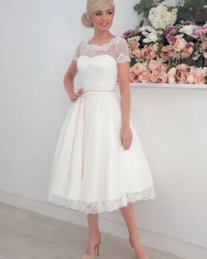 Vintage Ivory Lace Wedding Dress Tea Length Short Sleeve Bridal Gown Sheer Square Neck