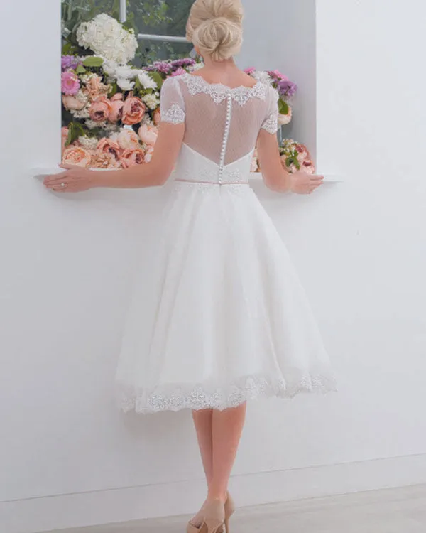 Vintage Ivory Lace Wedding Dress Tea Length Short Sleeve Bridal Gown Sheer Square Neck