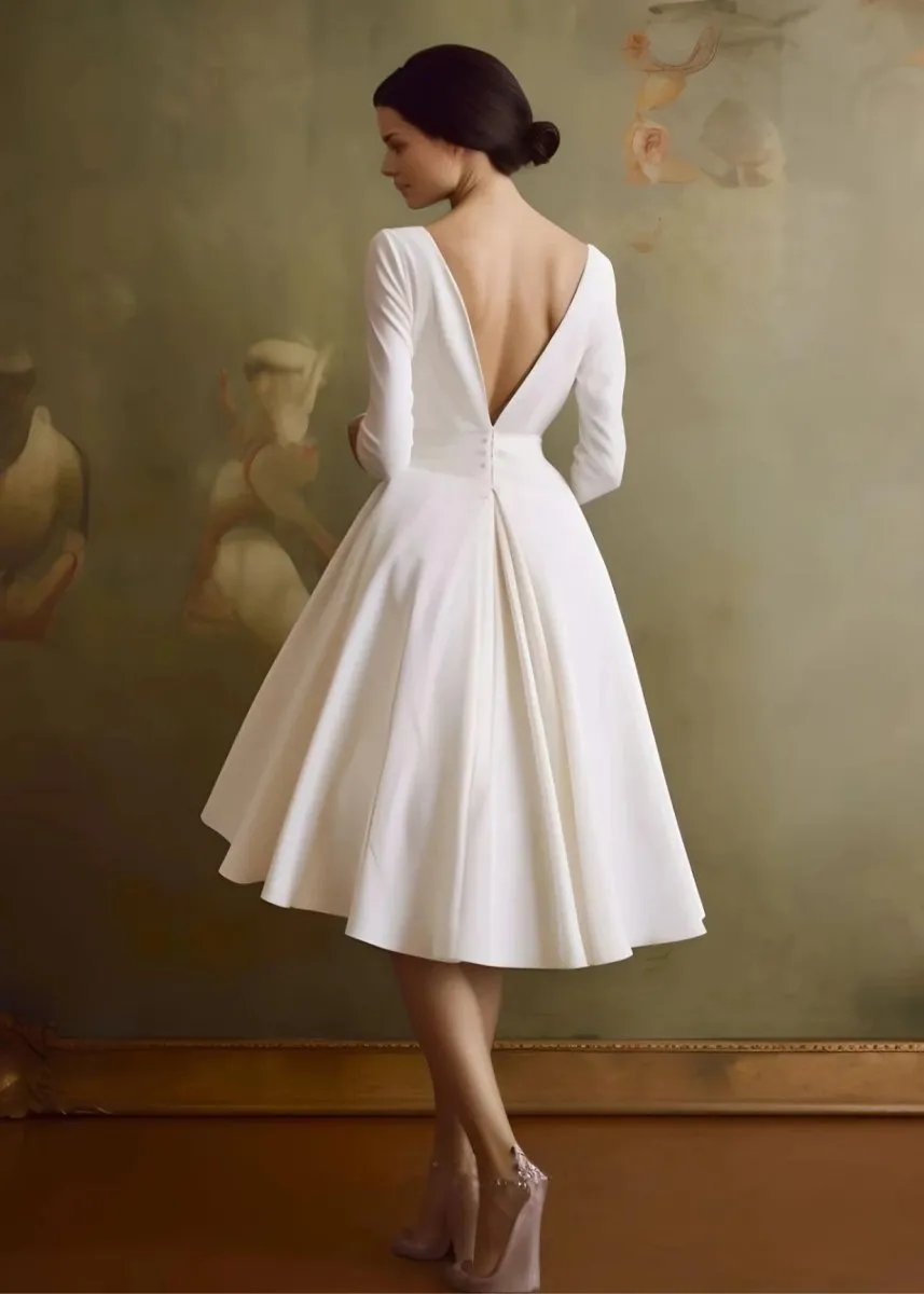 Vintage Sleeved A-line V-neck Satin Tea Length Wedding Dresses