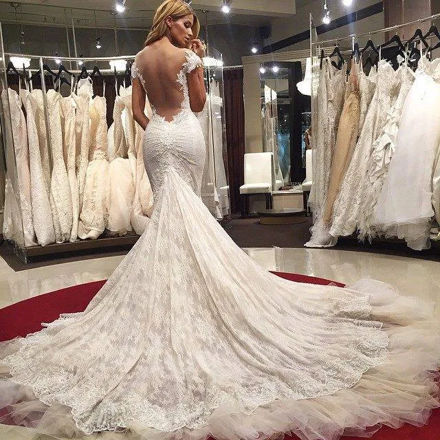 Vintage Style Wedding Dress Mermaid With Illusion Back Embellished Lace Gown Handmade Sweep Train Free Shipping