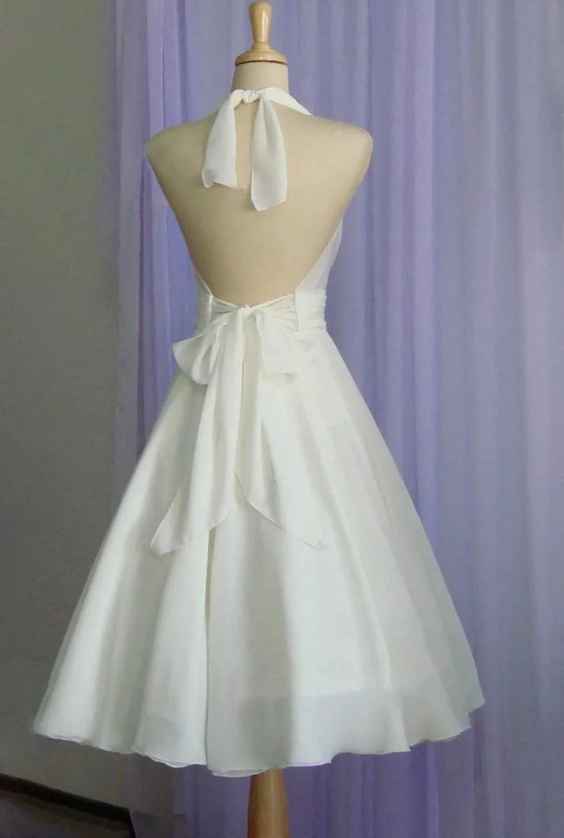 Vintage Tea-Length Chiffon Wedding Dresses with Halter Neck and Bow