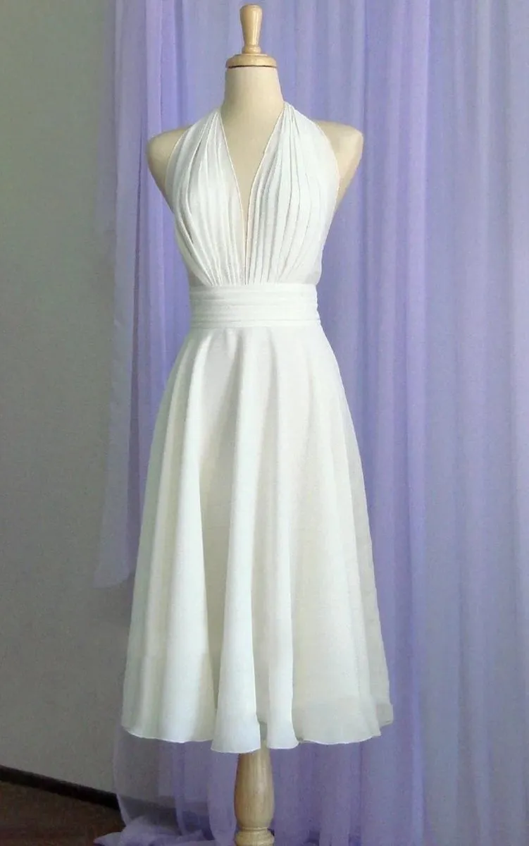 Vintage Tea-Length Chiffon Wedding Dresses with Halter Neck and Bow