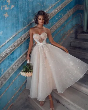 Vintage Tulle Wedding Dress Beaded Sequins Tea Length A-line Beach Wedding Gowns Sweetheart