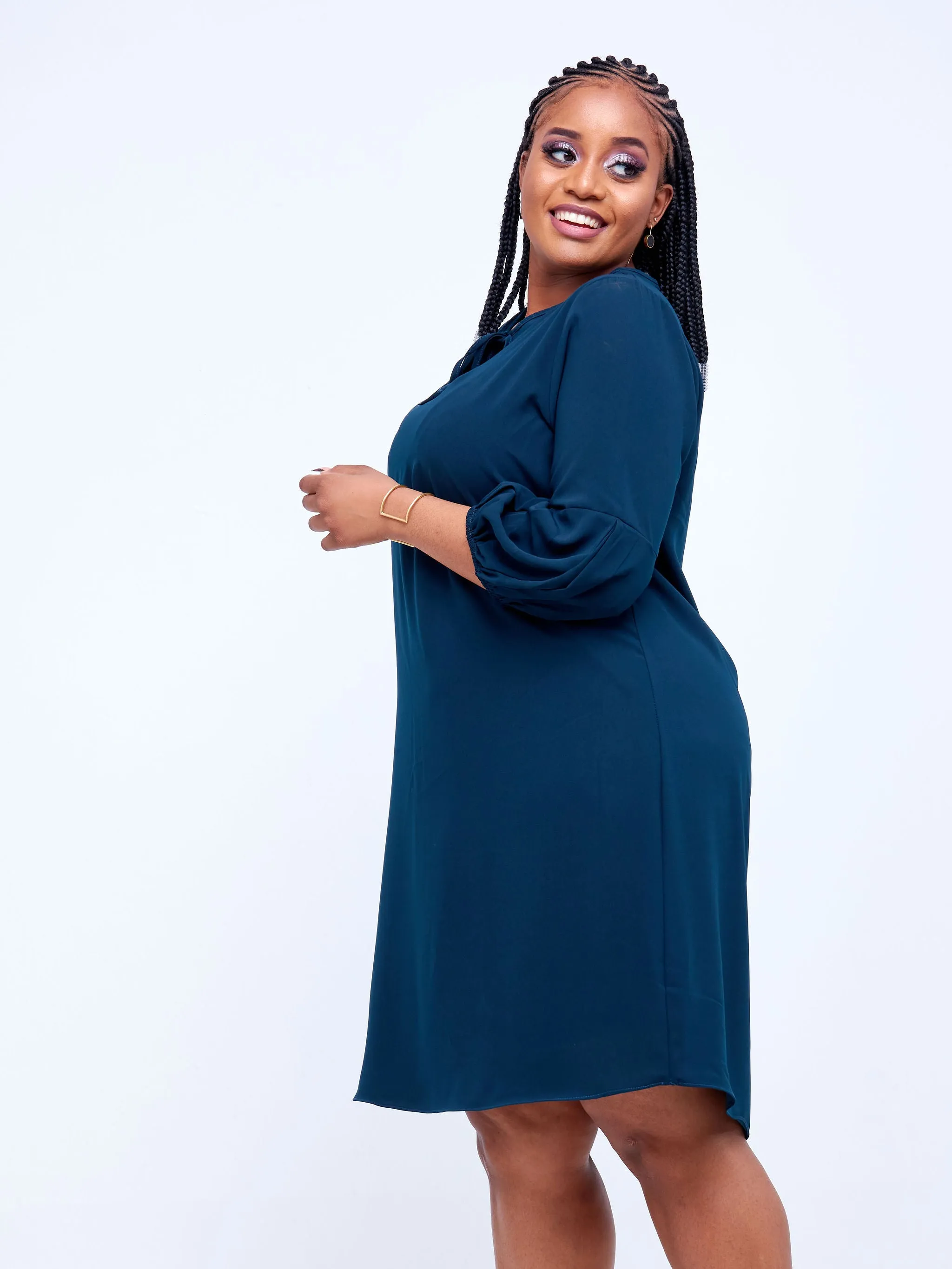 Vivo Imali Bishop Sleeve V-Neck Tie Shift Dress - Teal