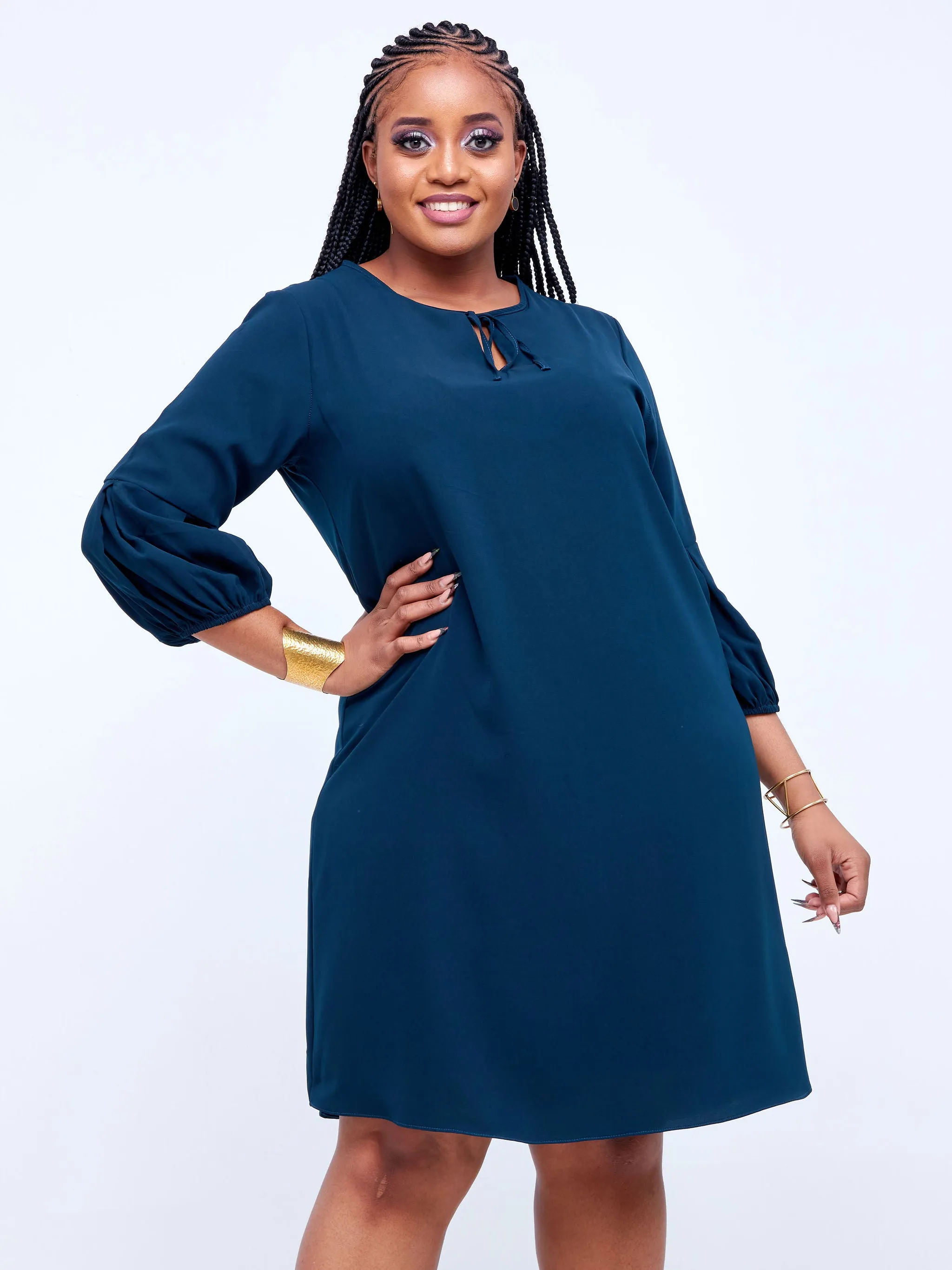 Vivo Imali Bishop Sleeve V-Neck Tie Shift Dress - Teal
