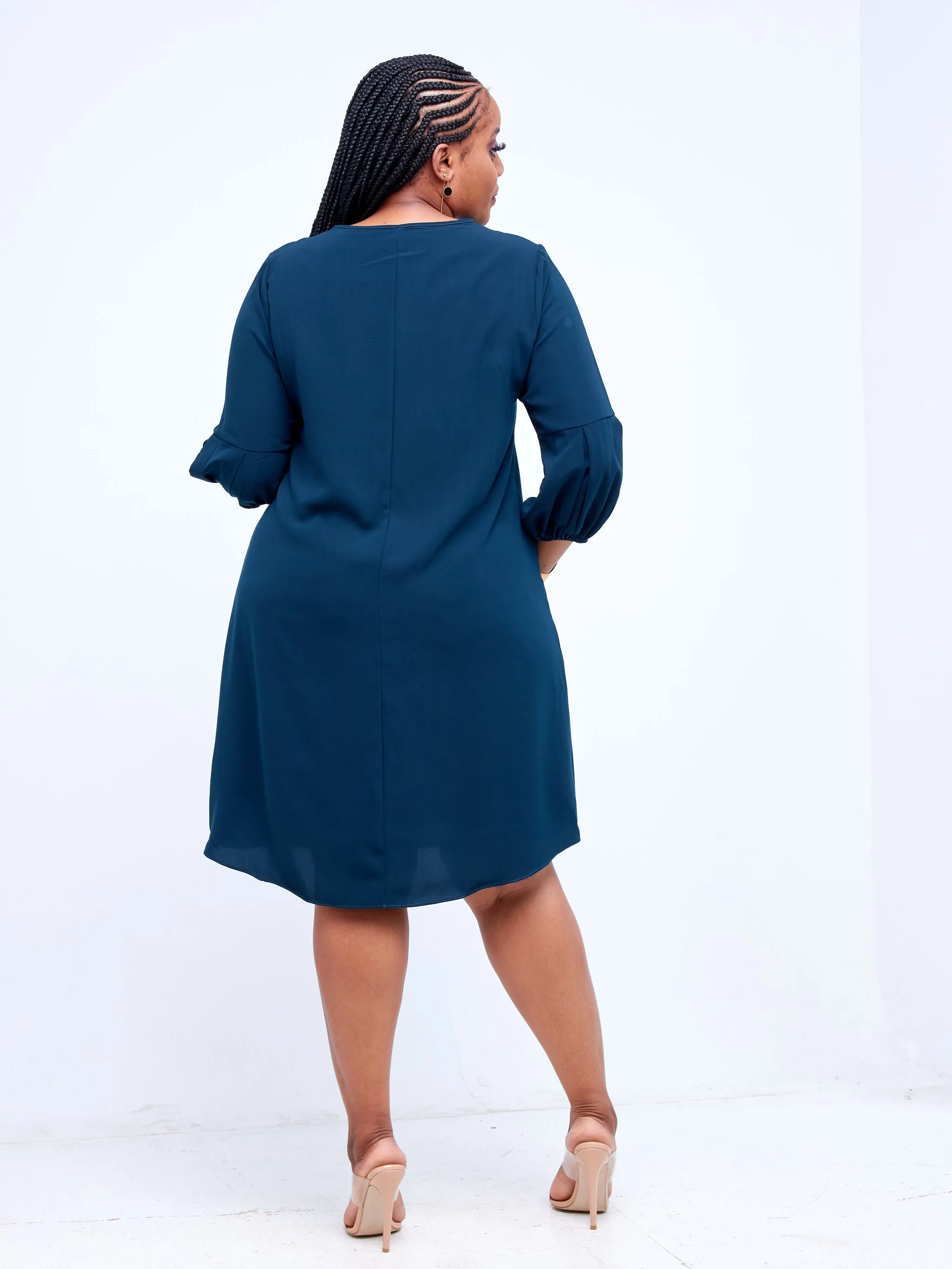 Vivo Imali Bishop Sleeve V-Neck Tie Shift Dress - Teal
