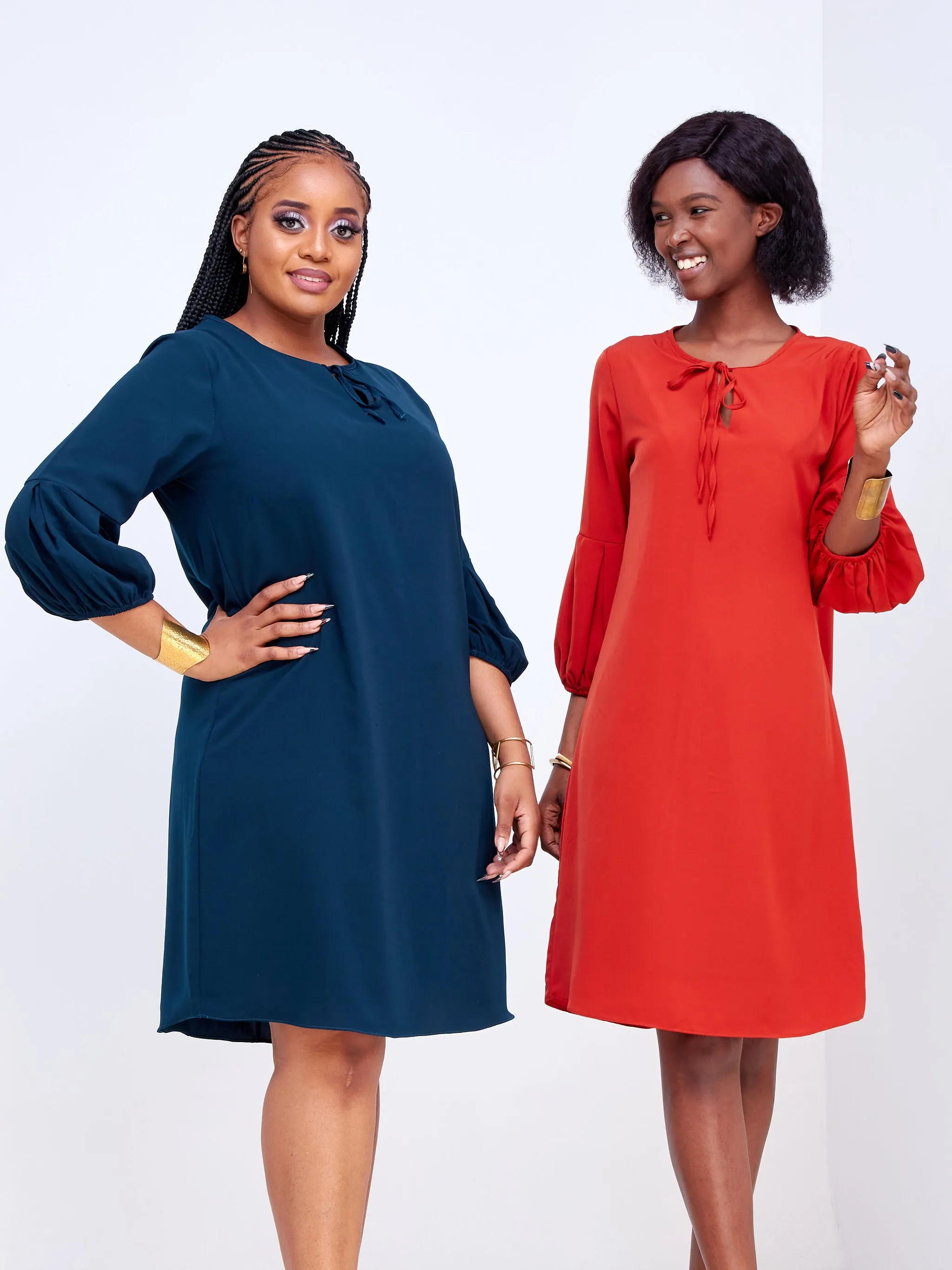 Vivo Imali Bishop Sleeve V-Neck Tie Shift Dress - Teal