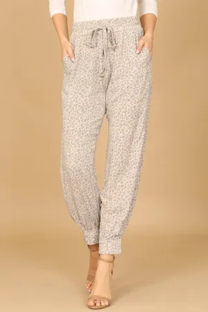 WAIST TIE GARTERIZED HEM LEOPARD PANTS