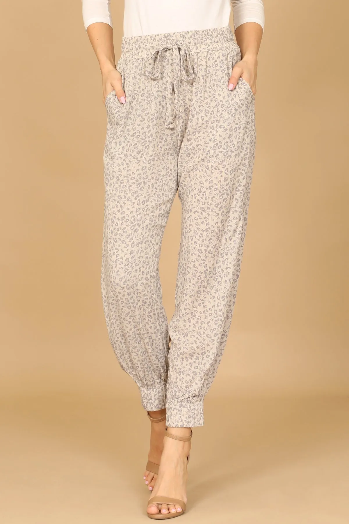 WAIST TIE GARTERIZED HEM LEOPARD PANTS