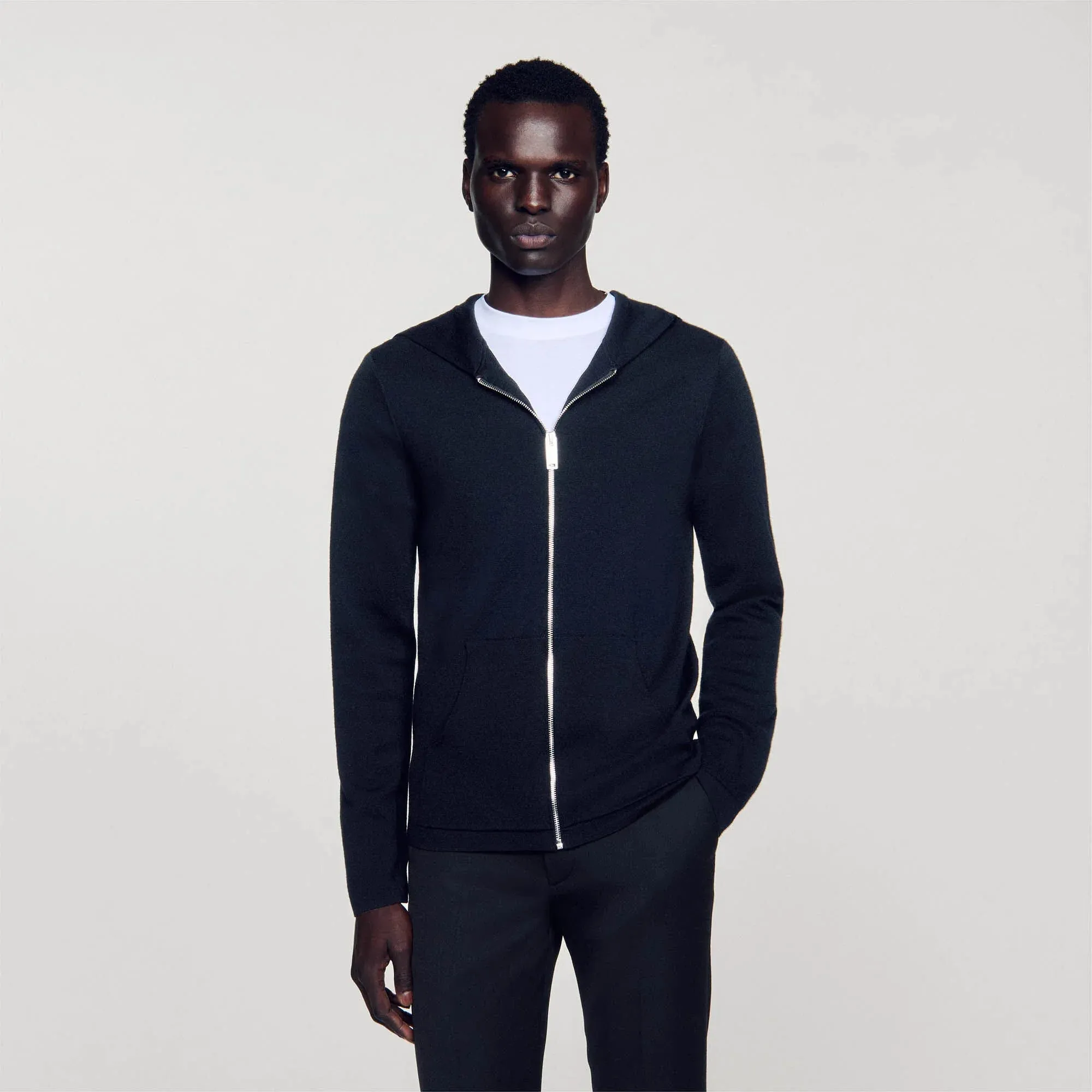 Wire Zipped Cardigan With Hood Black
