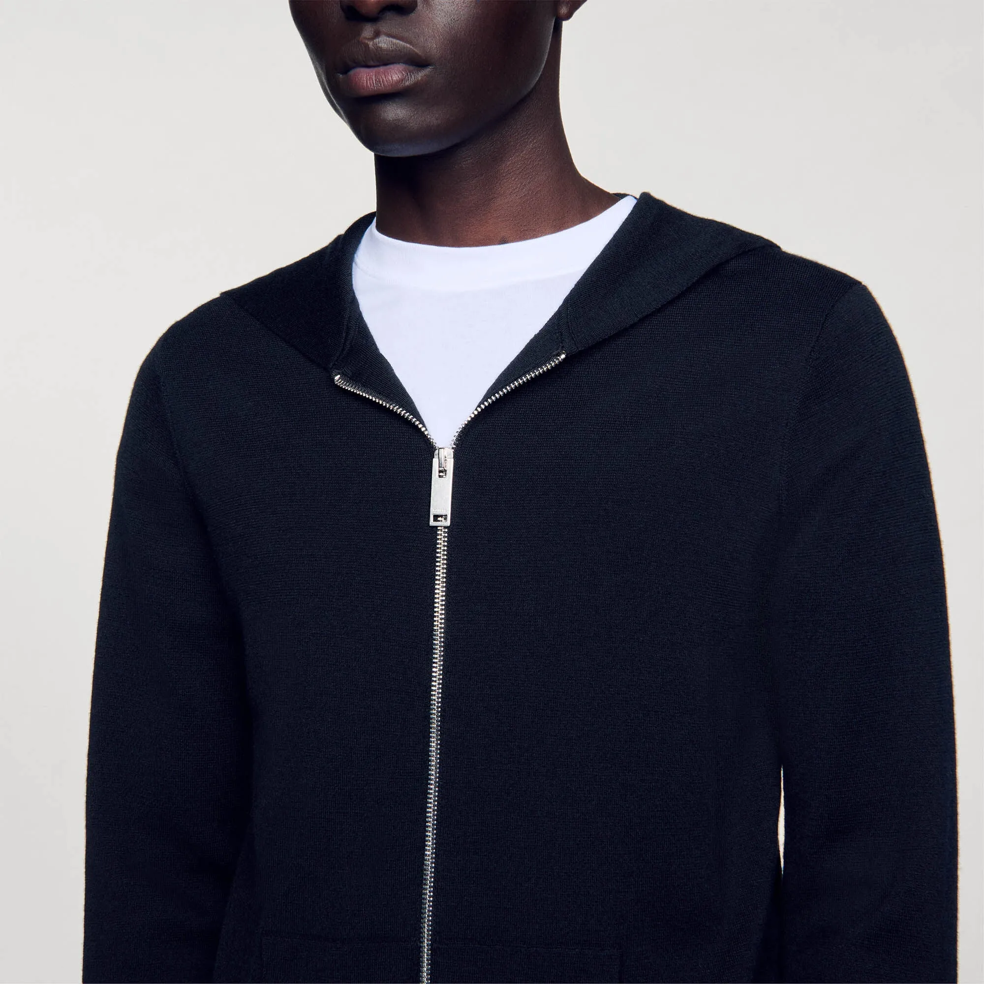 Wire Zipped Cardigan With Hood Black