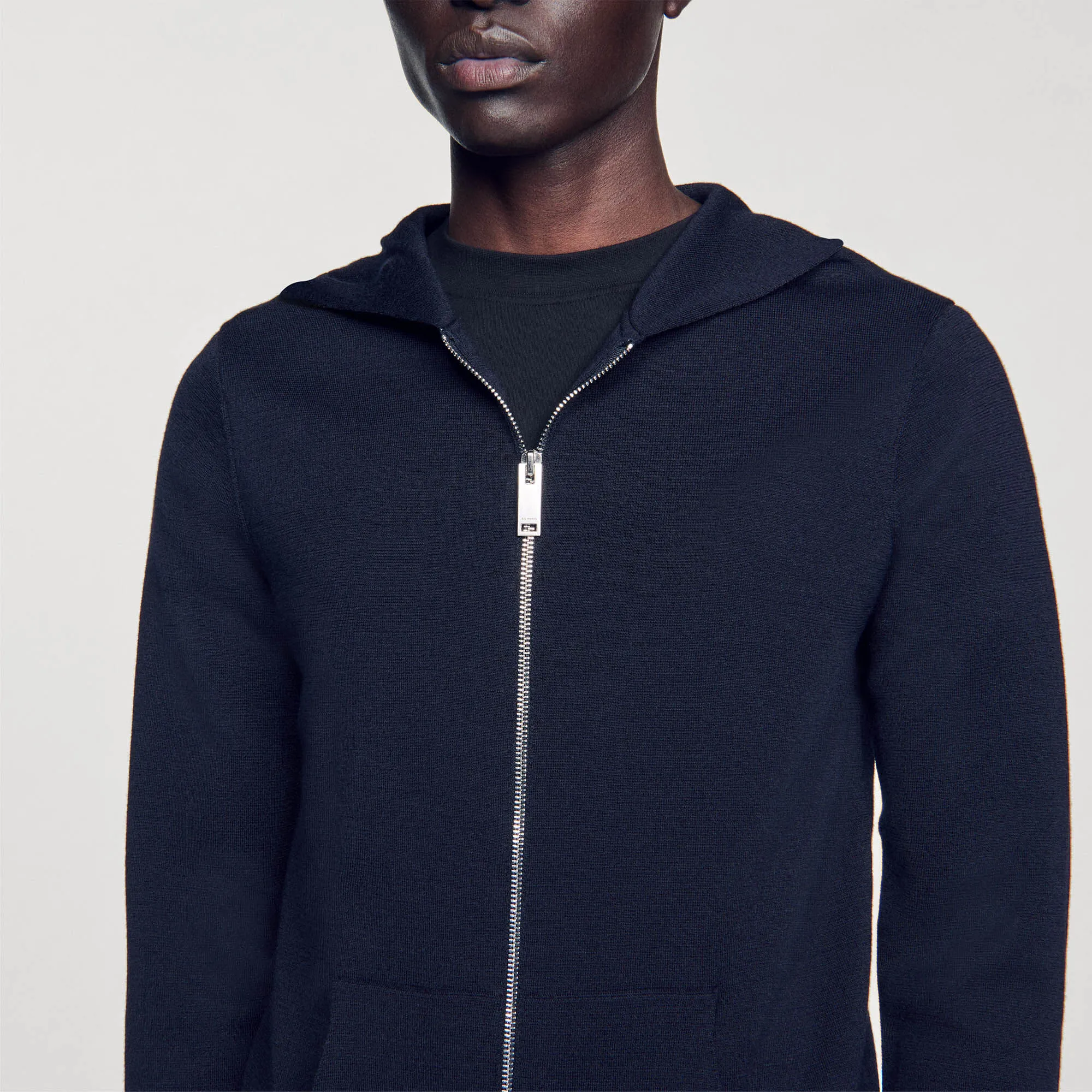 Wire Zipped Cardigan With Hood Navy Blue