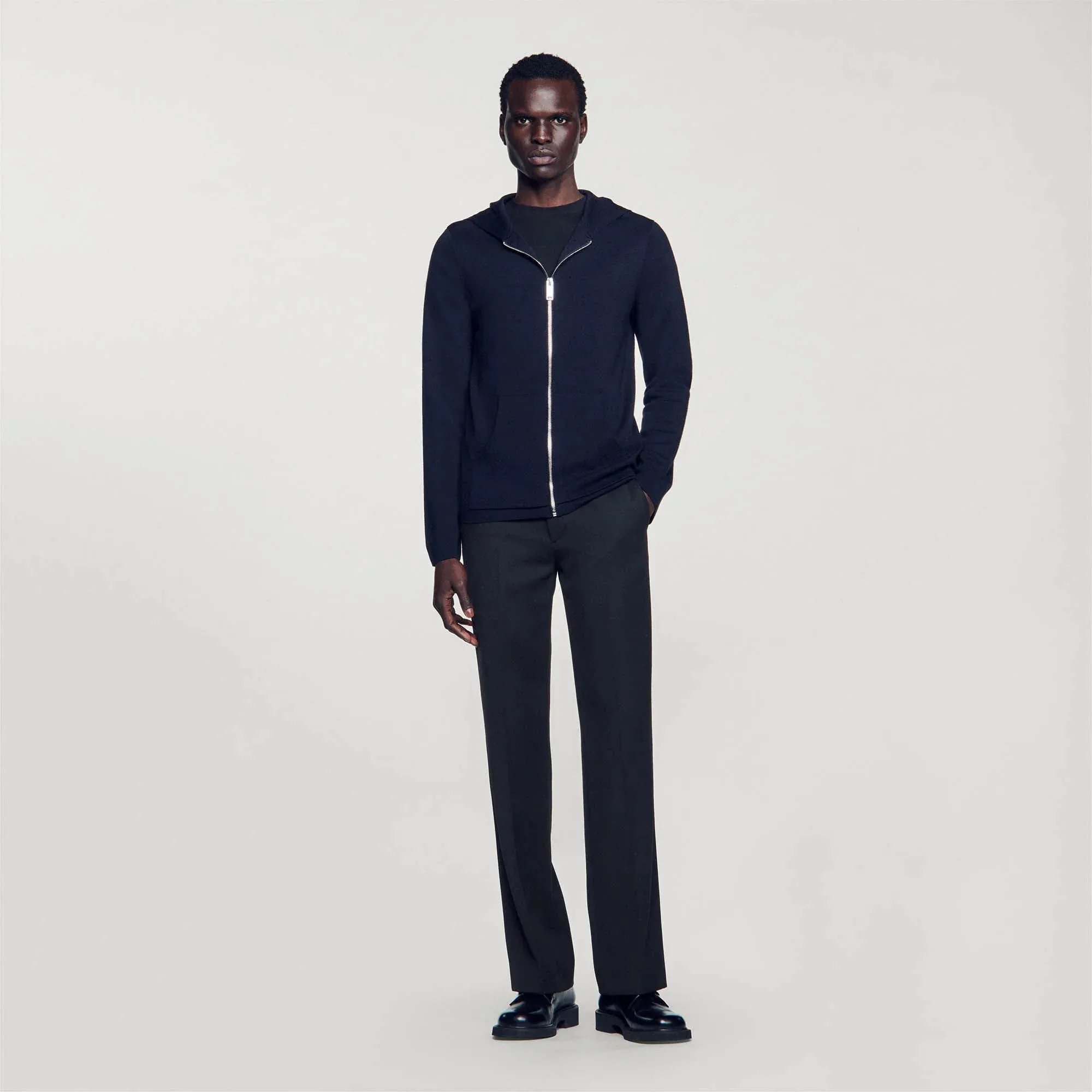 Wire Zipped Cardigan With Hood Navy Blue