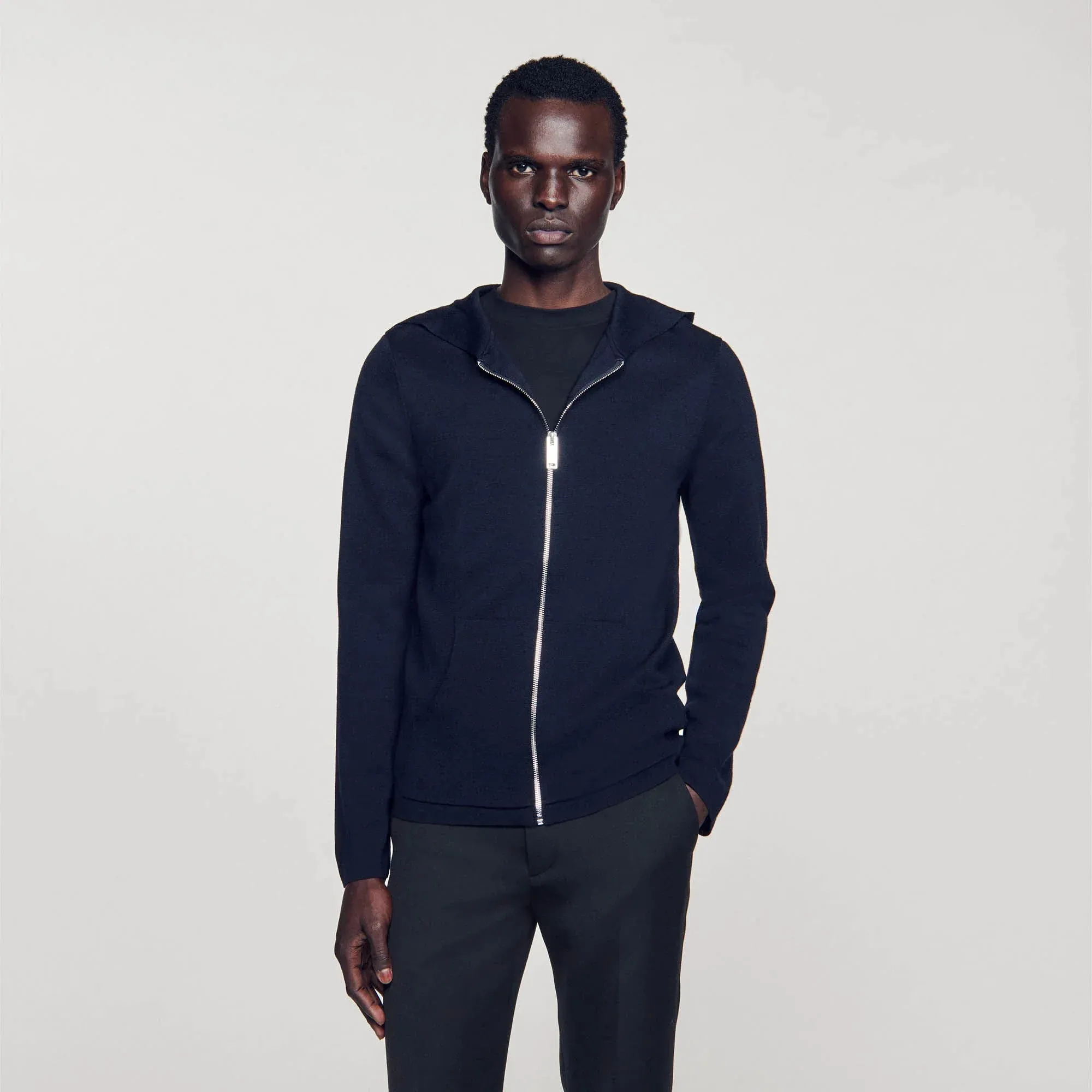 Wire Zipped Cardigan With Hood Navy Blue