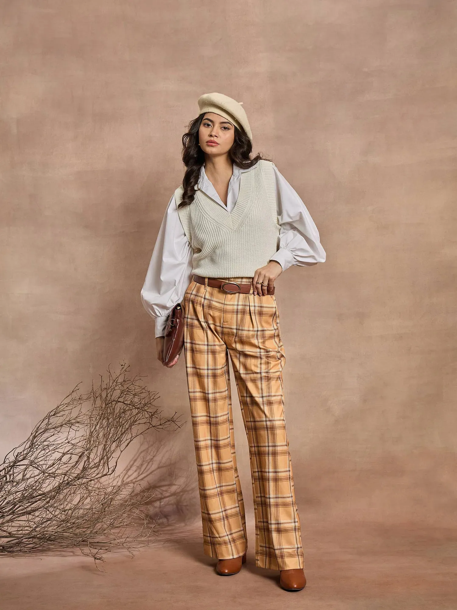 Women Beige Check High Rise Wide Leg Pants-SFPANT50975