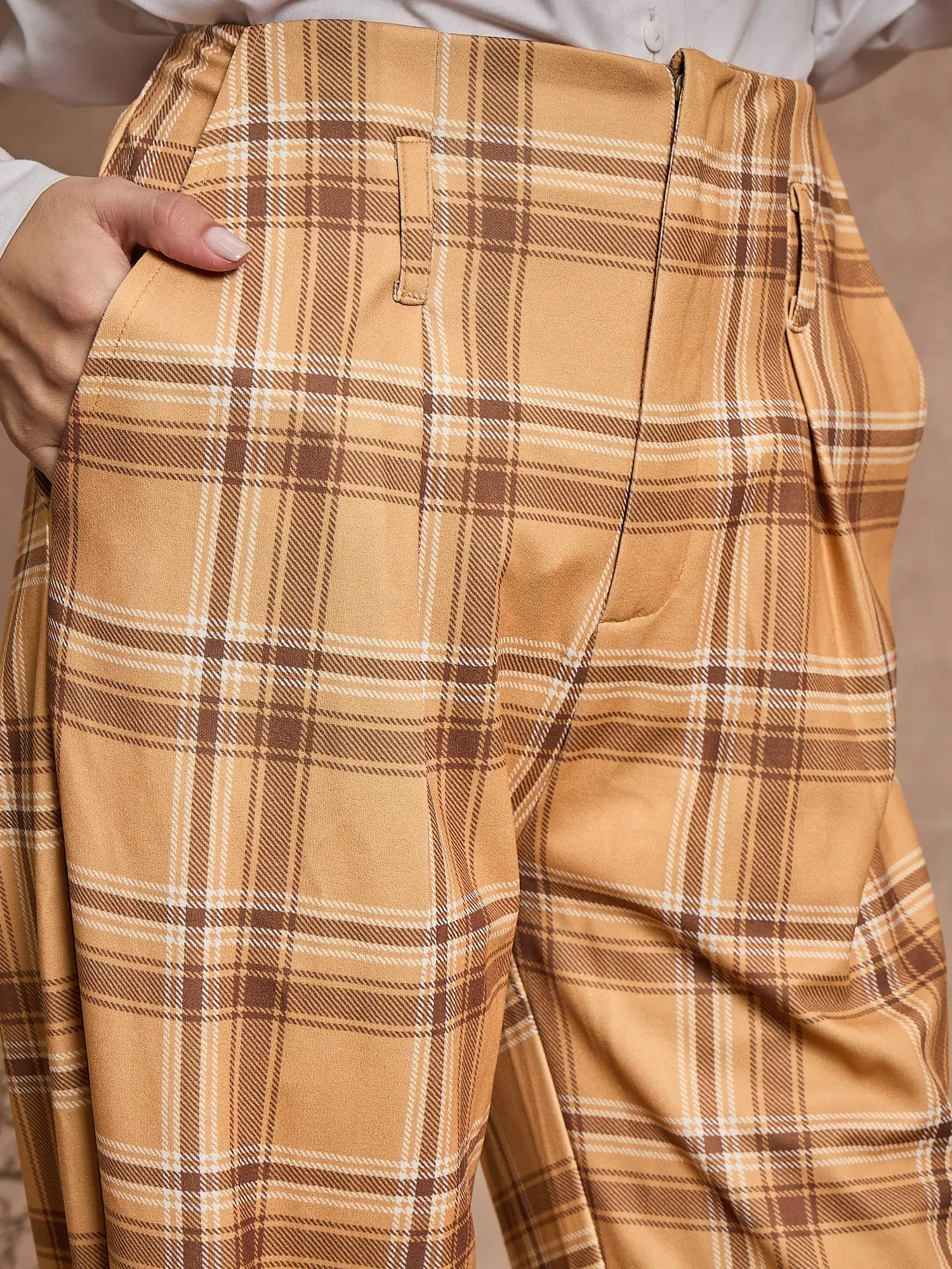 Women Beige Check High Rise Wide Leg Pants-SFPANT50975