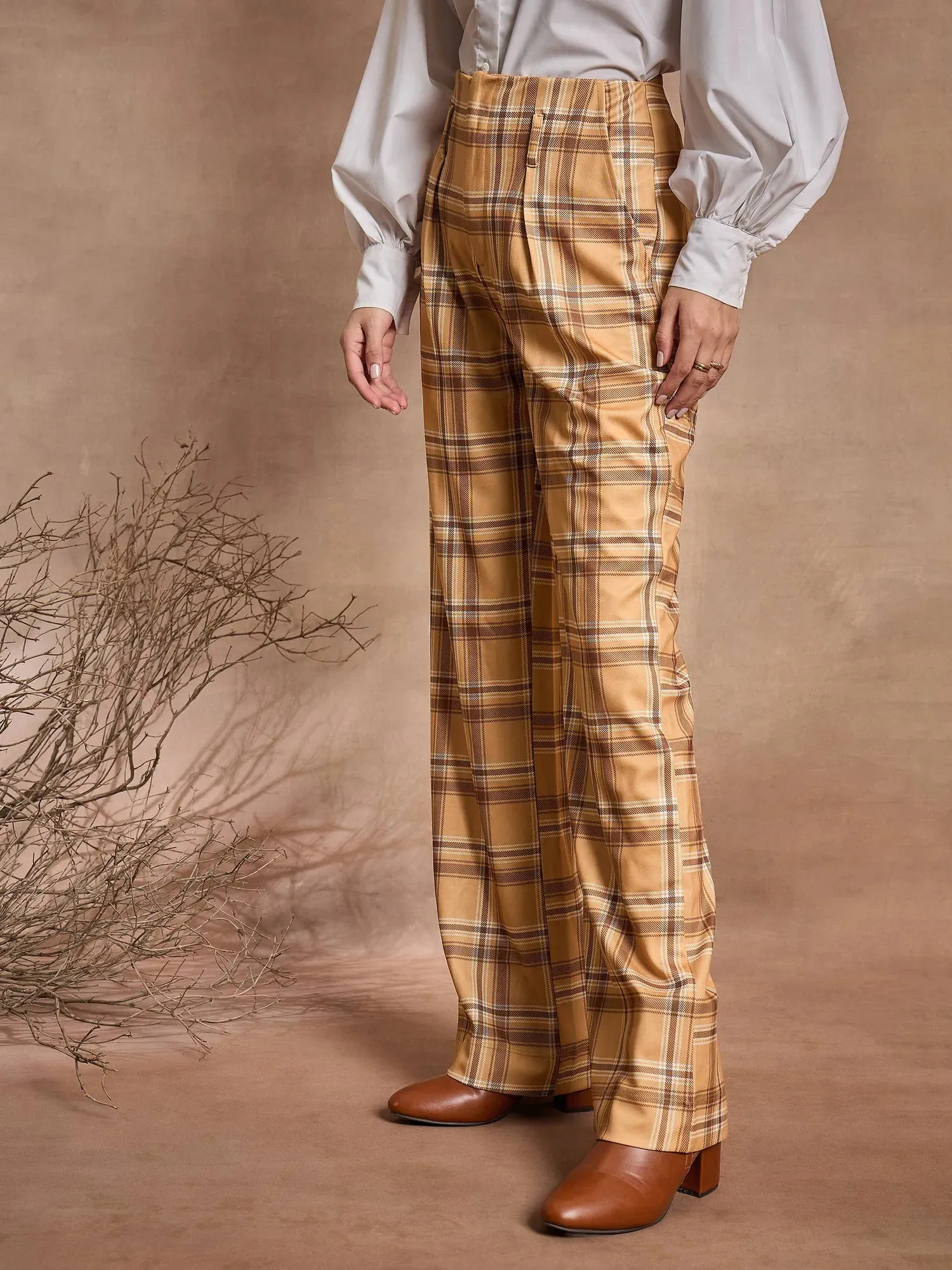 Women Beige Check High Rise Wide Leg Pants-SFPANT50975