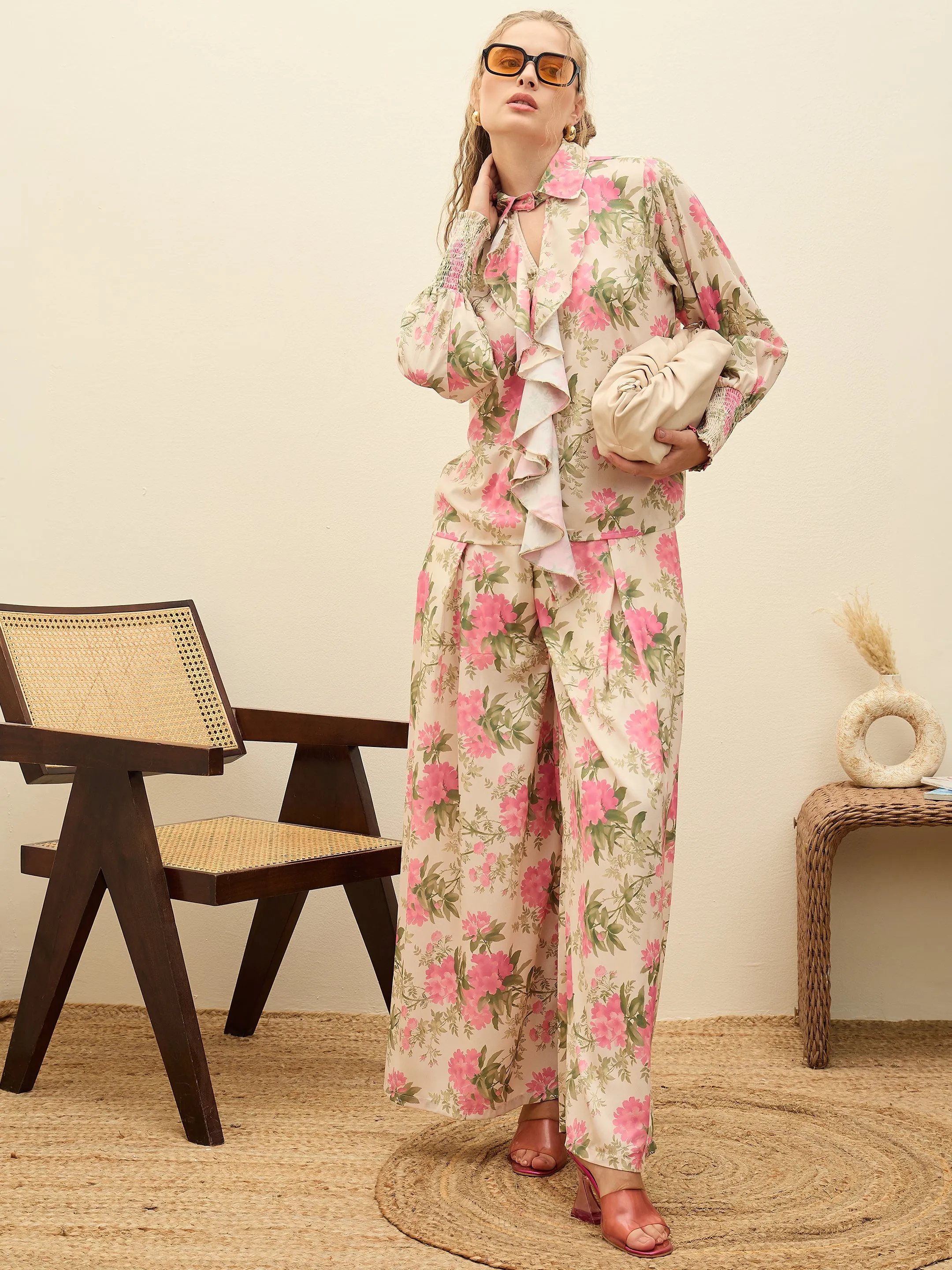 Women Beige Floral Top With Flared Pants