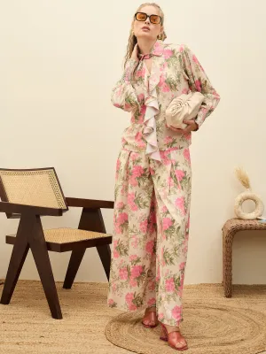 Women Beige Floral Top With Flared Pants