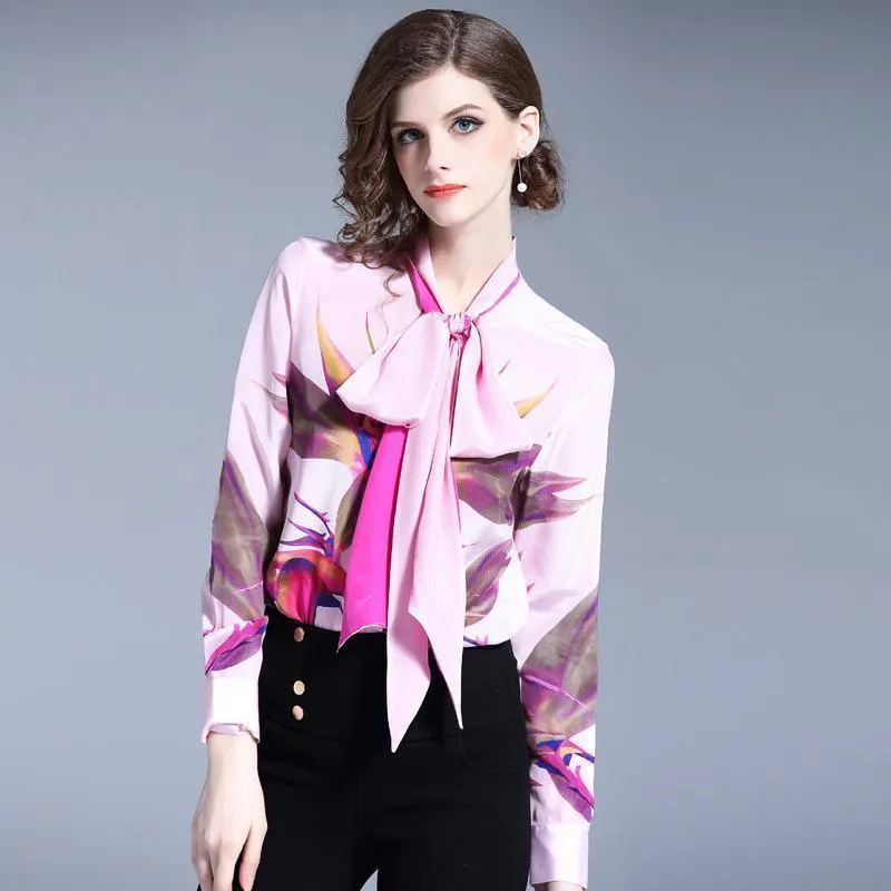 Women Chiffon Blouse Pink Bow Tie Blouse