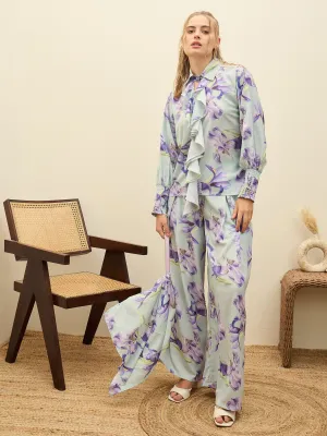 Women See Green Floral Top With Flared Pants