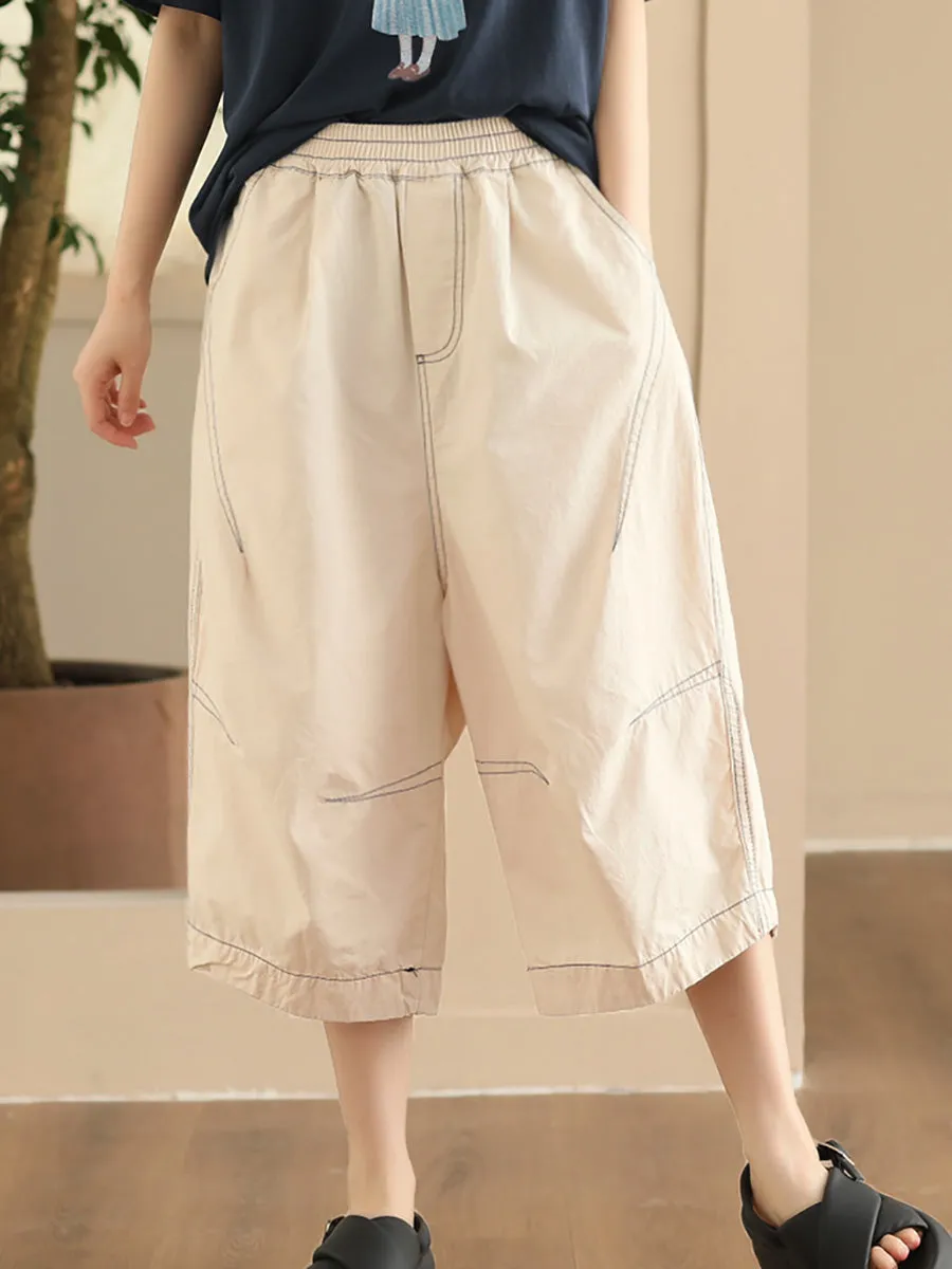 Women Summer Casual Pure Color Cotton Spliced Pants