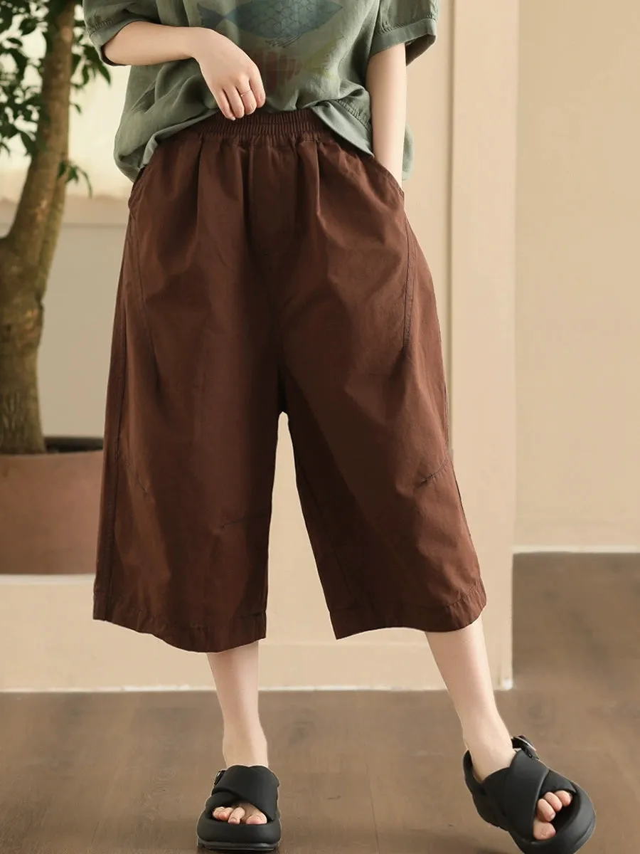 Women Summer Casual Pure Color Cotton Spliced Pants