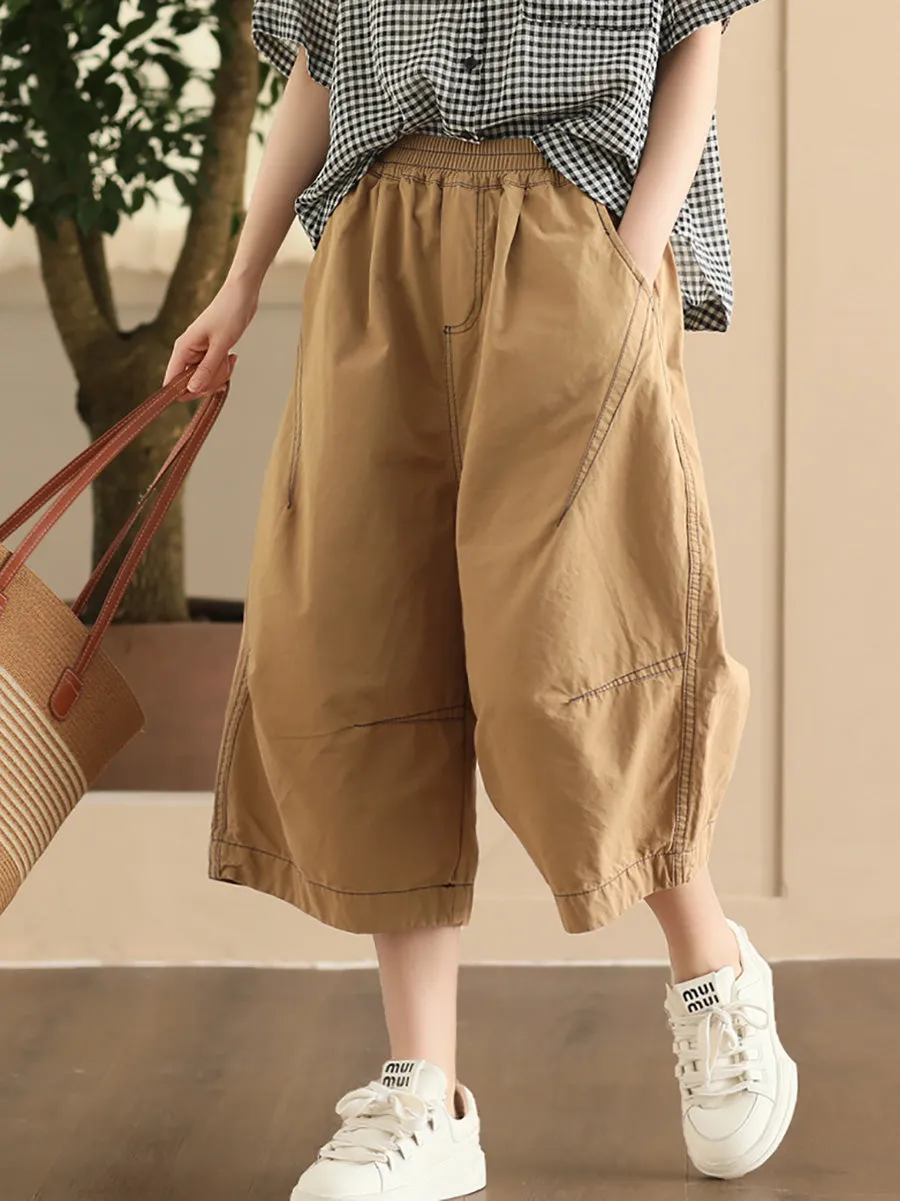 Women Summer Casual Pure Color Cotton Spliced Pants