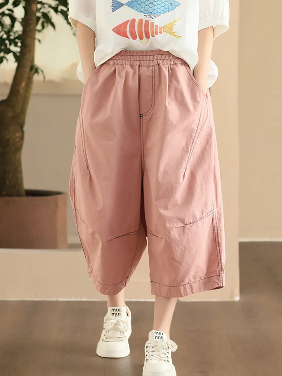 Women Summer Casual Pure Color Cotton Spliced Pants