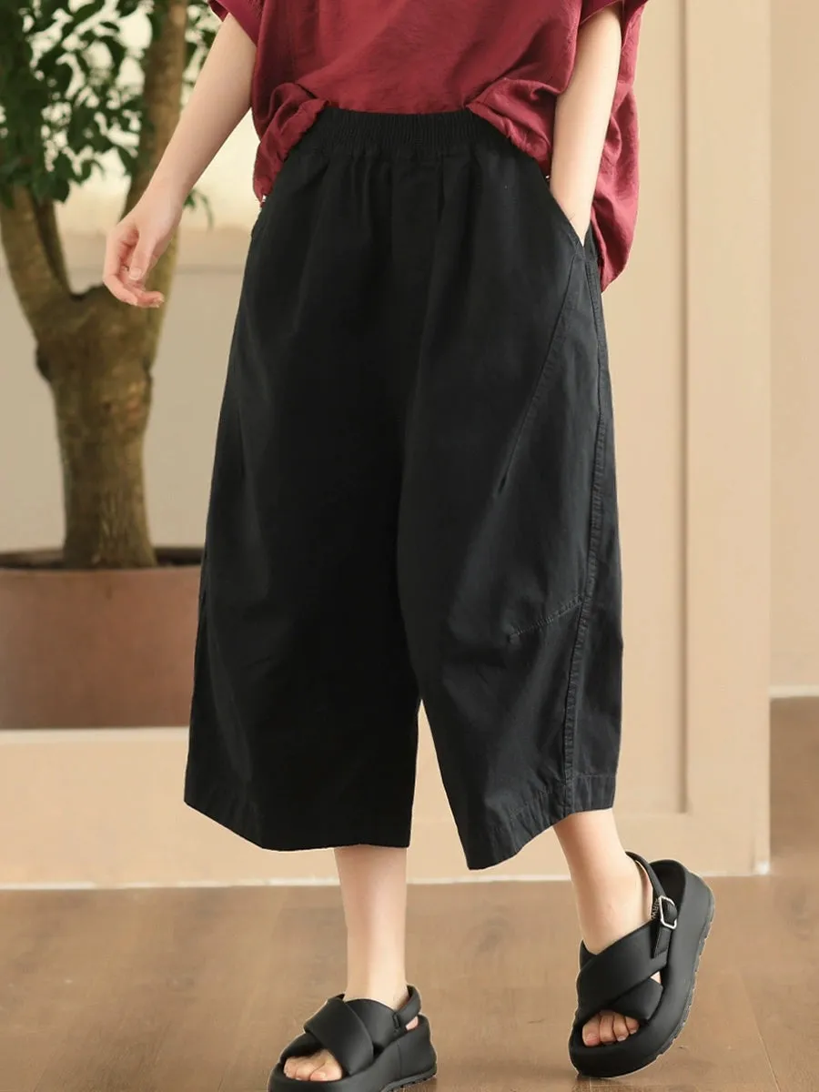 Women Summer Casual Pure Color Cotton Spliced Pants