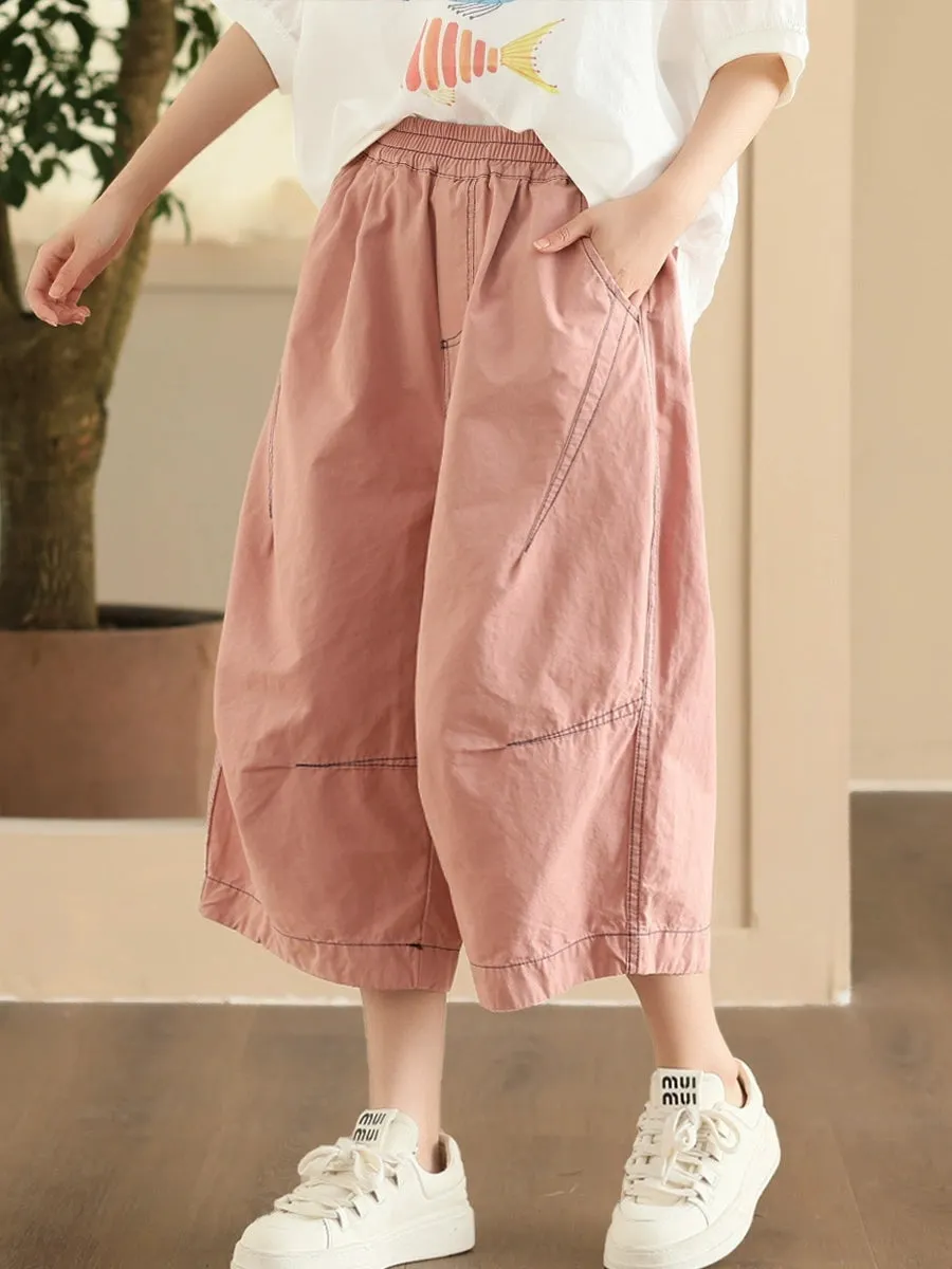 Women Summer Casual Pure Color Cotton Spliced Pants